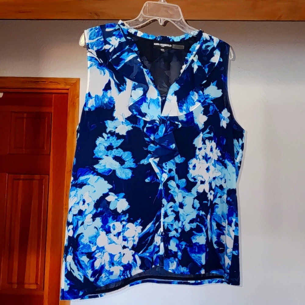 Karl Lagerfeld Blue Floral Ruffle Top